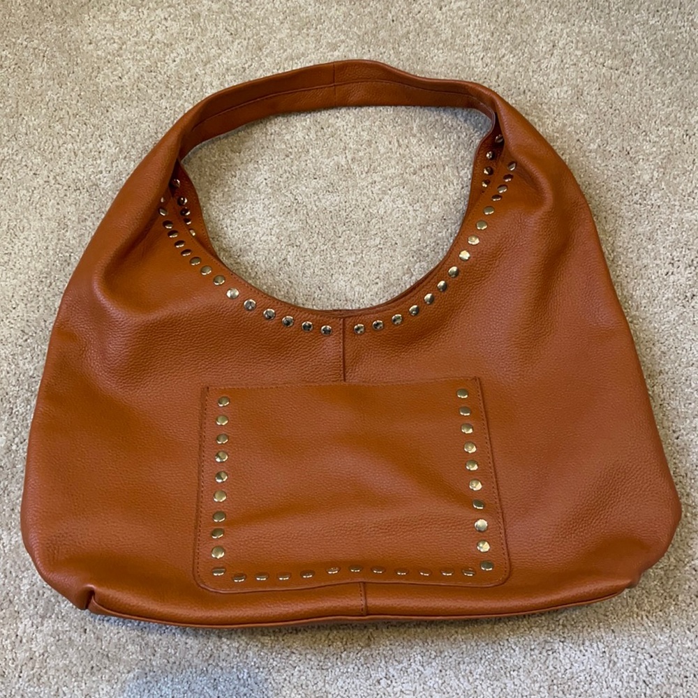 LAGGO Mara Rich Camel Pebble Leather Studded Designer Bag
